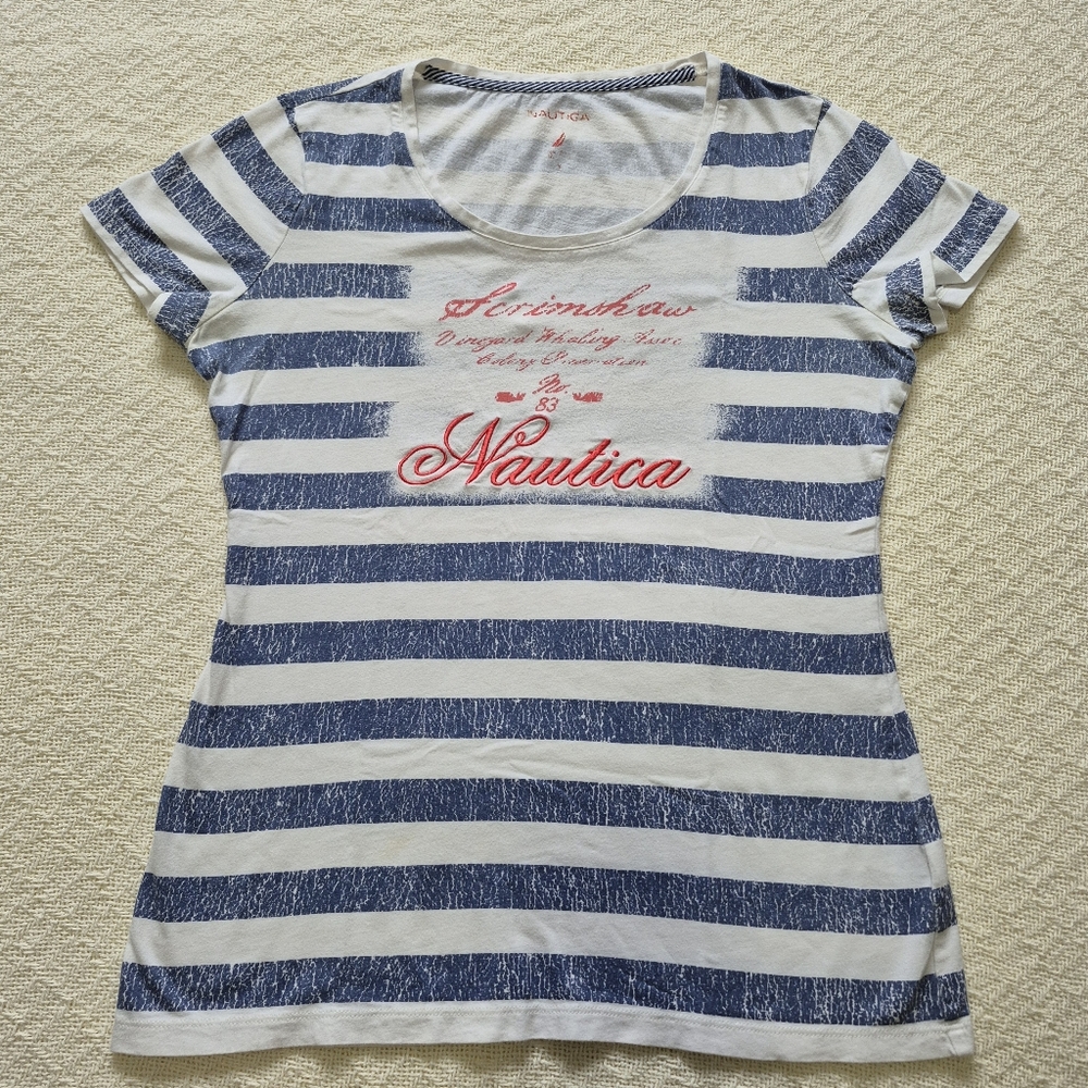 Vintage 90's Nautica Graphic Blue and White Striped Round Neck Tee Sz S